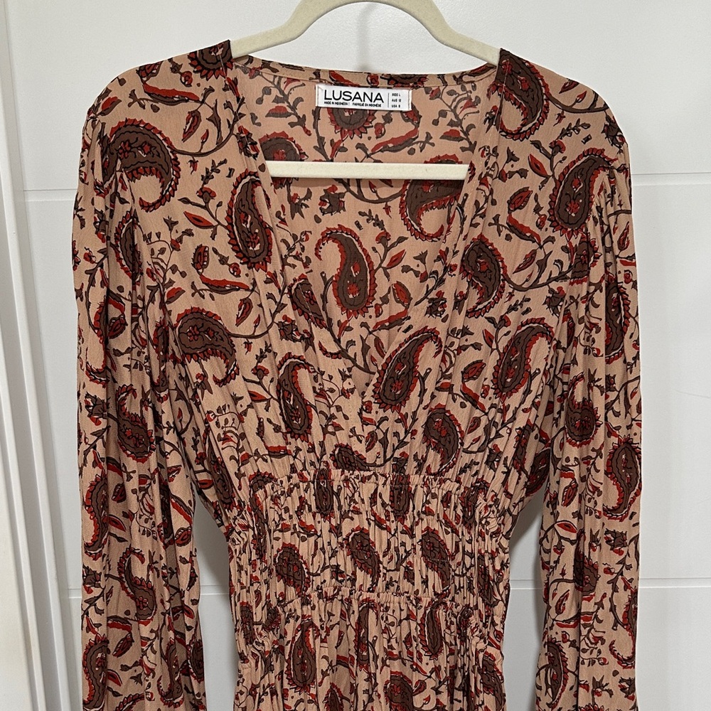 Anthropologie Lusana Beige Paisley Long-Sleeve Smocked-Waist Dress Boho